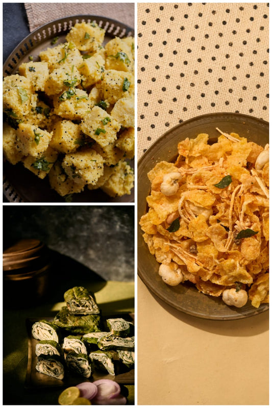 Corn Chevda & Patato Chips + Khaman + Besan Patra